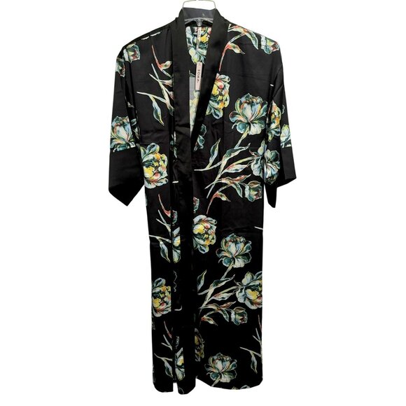 SOMA Satin Kimono Robe Impressions Floral Black Midi Wide Flowy Sleeves Sz S/M - Picture 2 of 11